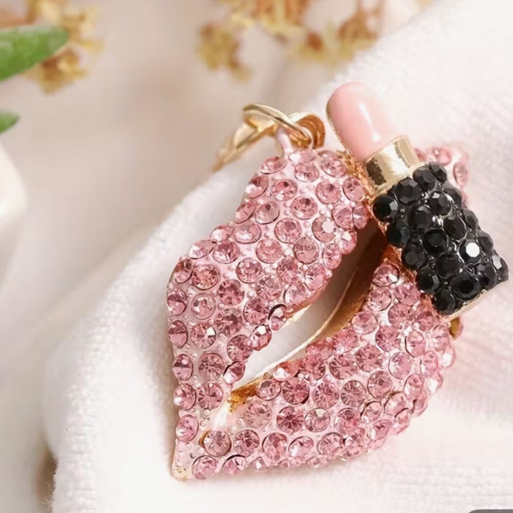 Pink Crystal Lips Keychain with Lipstick Charm